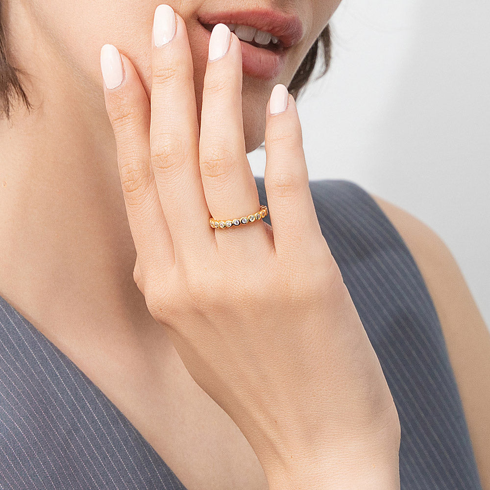 Model wearing Bubble Bezel CZ Eternity Ring in Gold Flashed Sterling Silver, 2 of 6