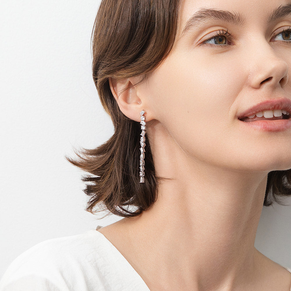 Model wearing Cluster Bar CZ Chandelier Earrings in Sterling Silver, 3 of 4