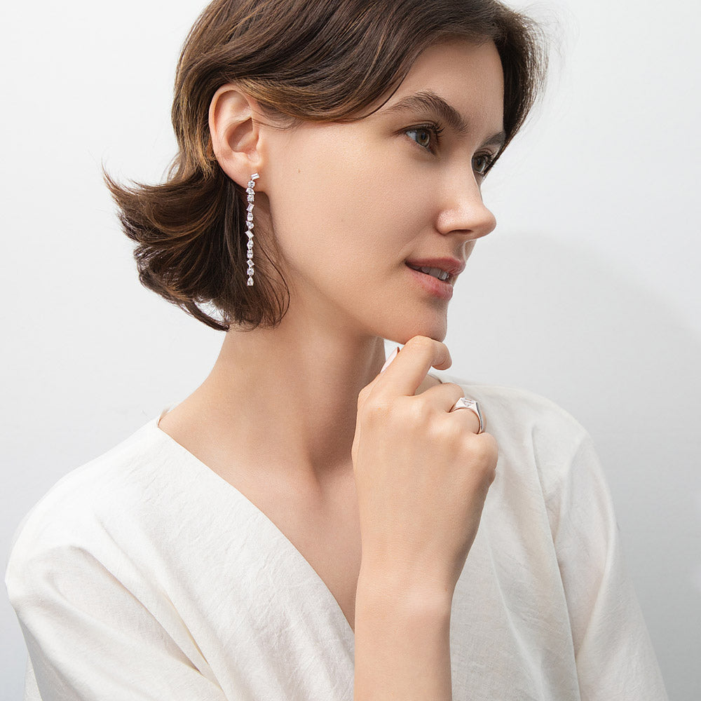 Model wearing Cluster Bar CZ Chandelier Earrings in Sterling Silver, 2 of 4