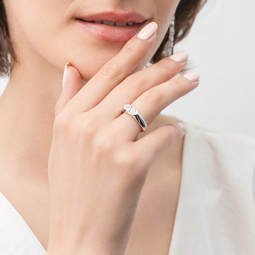 Model wearing East-West Solitaire 1ct Bezel CZ Ring in Sterling Silver, 6 of 10