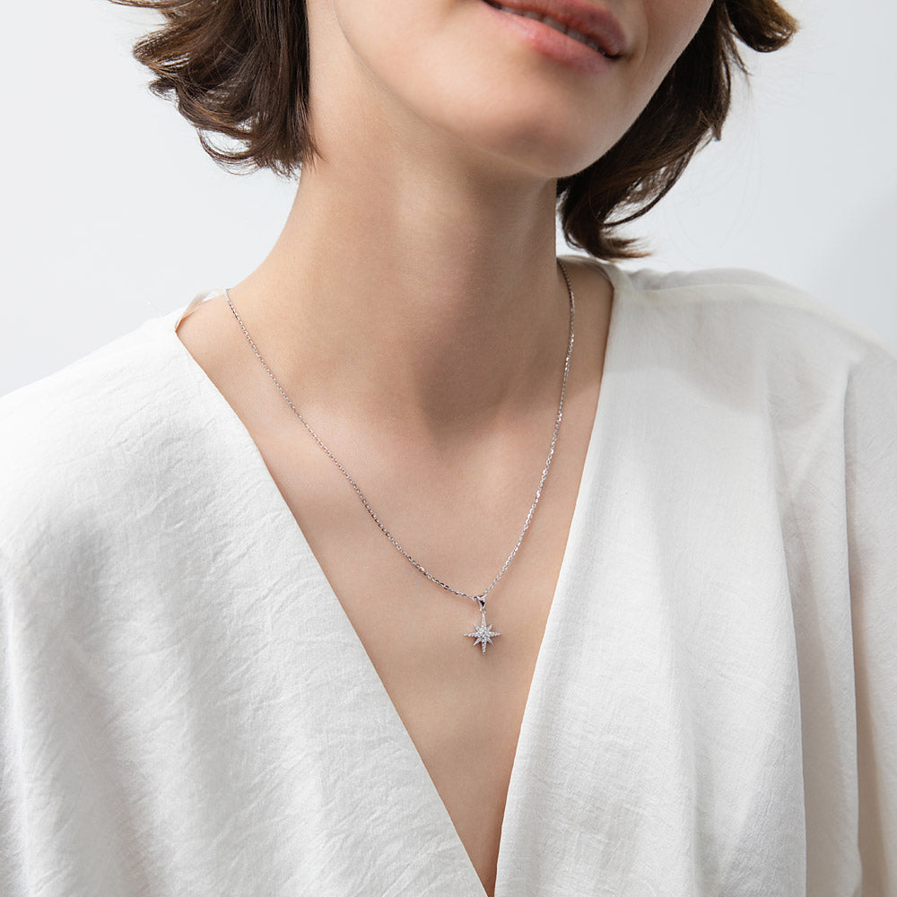 Model wearing North Star CZ Necklace and Earrings Set in Sterling Silver, 7 of 14