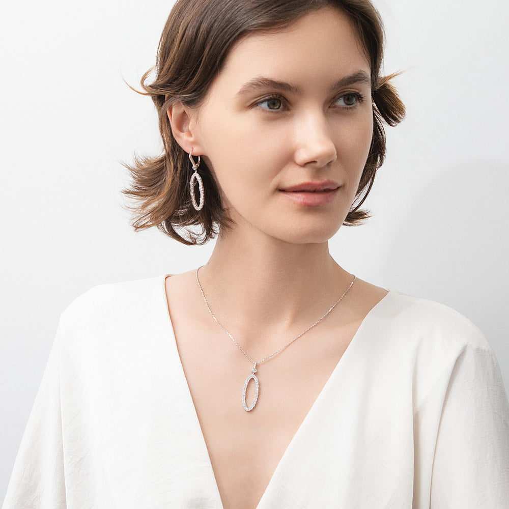 Model wearing Open Oval CZ Leverback Chandelier Earrings in Sterling Silver, 5 of 5