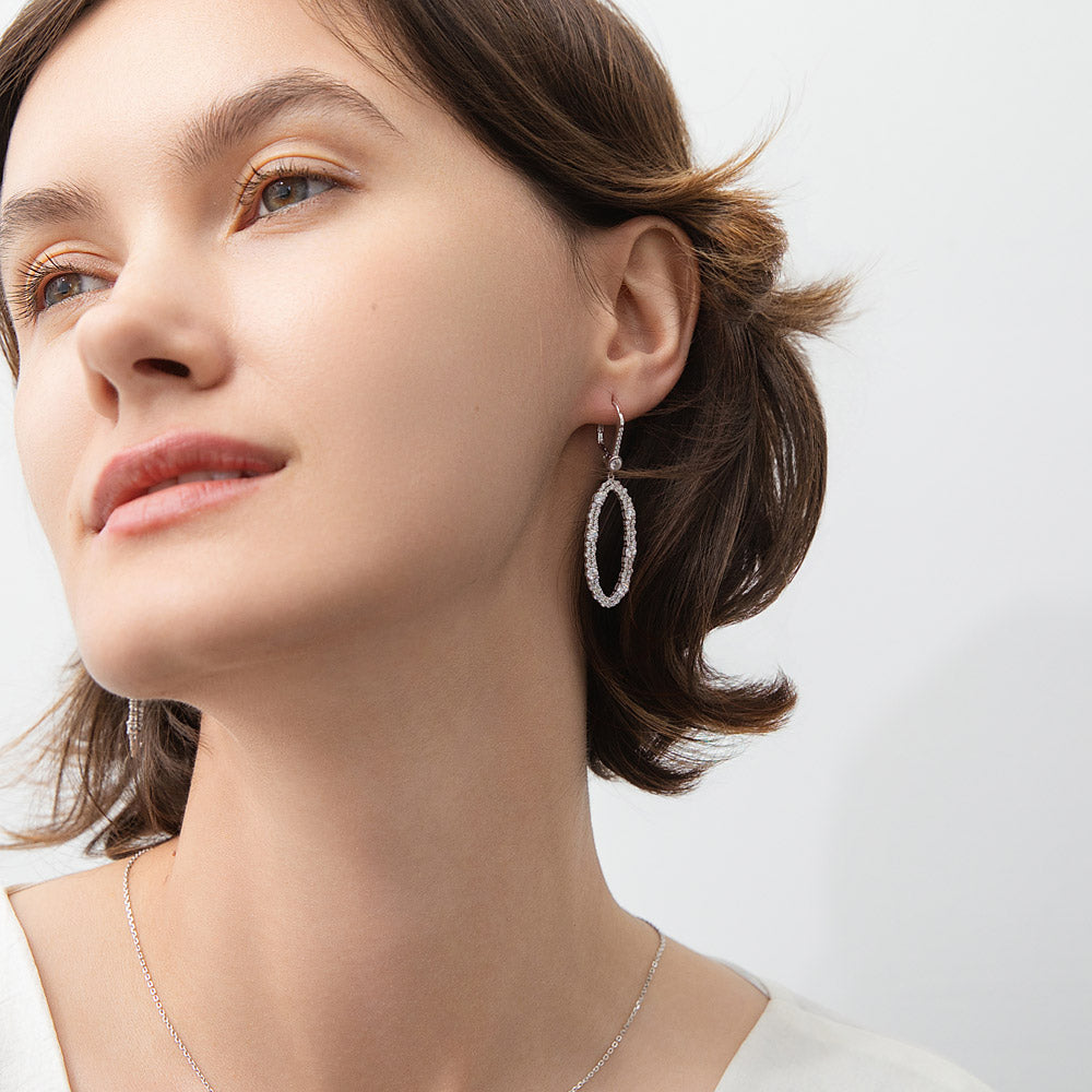 Model wearing Open Oval CZ Leverback Chandelier Earrings in Sterling Silver, 3 of 5