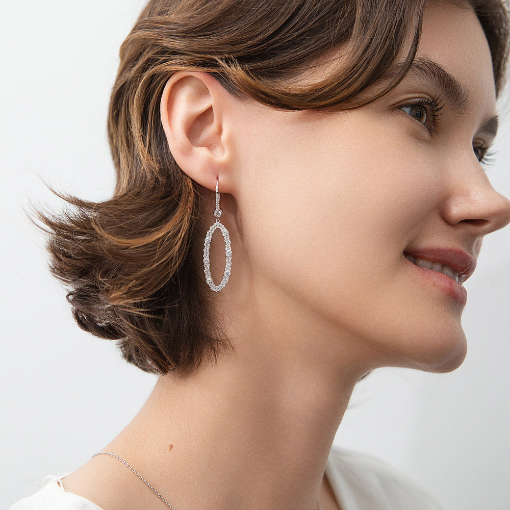 Model wearing Open Oval CZ Leverback Chandelier Earrings in Sterling Silver, 2 of 5