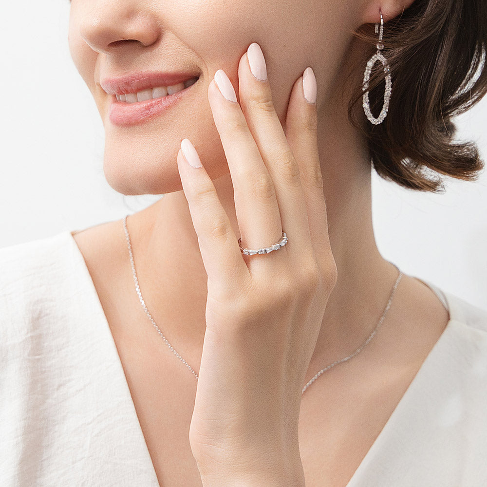 Model wearing Solitaire 1.7ct Step Emerald Cut CZ Ring Set in Sterling Silver, 11 of 12