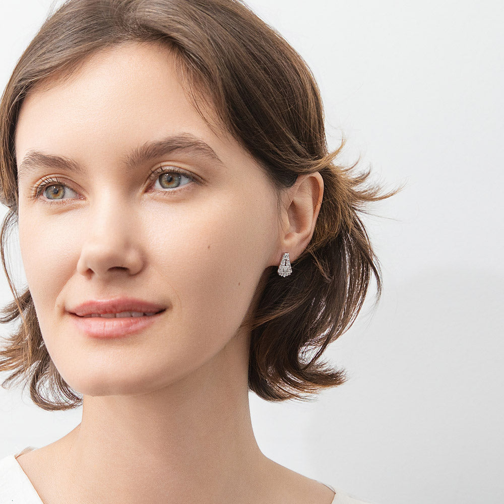 Model wearing Art Deco CZ Stud Earrings in Sterling Silver, 3 of 4