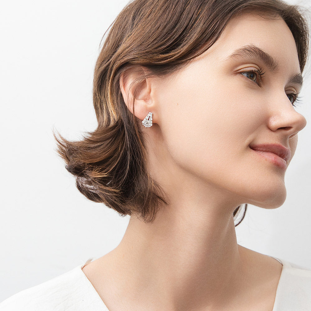 Model wearing Art Deco CZ Stud Earrings in Sterling Silver, 2 of 4