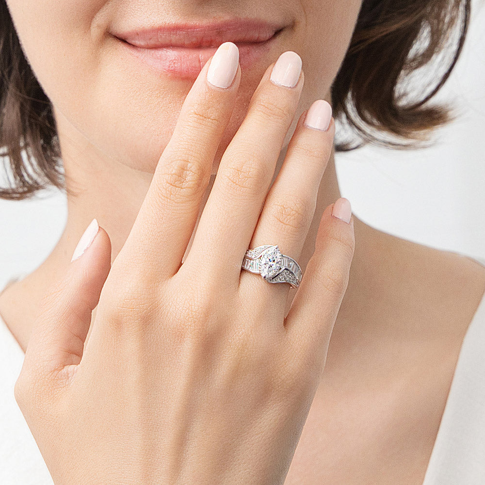 Model wearing Halo Woven Marquise CZ Ring in Sterling Silver, 3 of 9