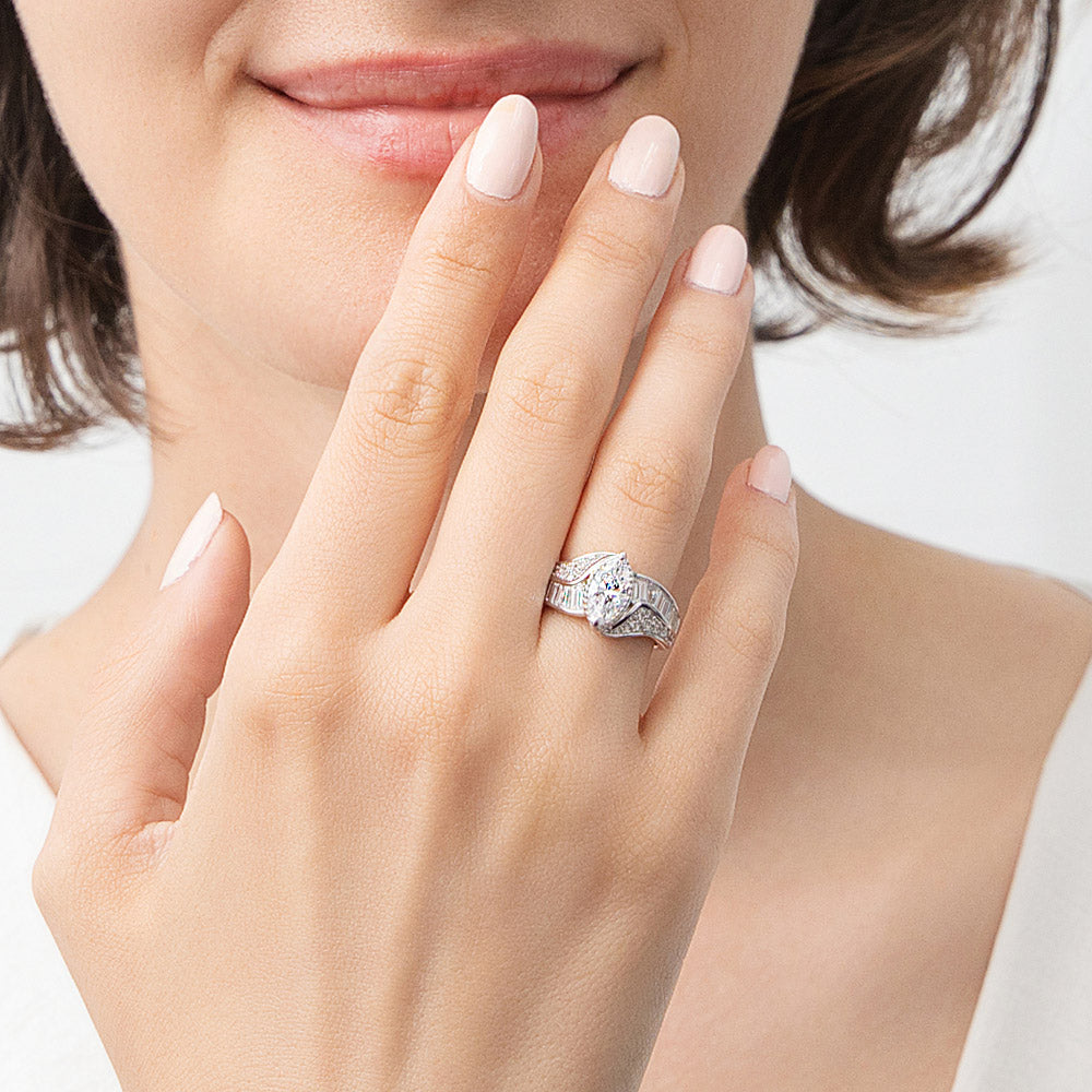 Model wearing Halo Woven Art Deco Marquise CZ Ring in Sterling Silver, 3 of 9