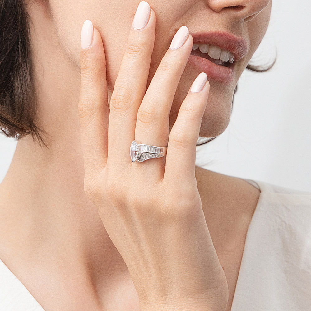Model wearing Halo Woven Marquise CZ Ring in Sterling Silver, 6 of 9