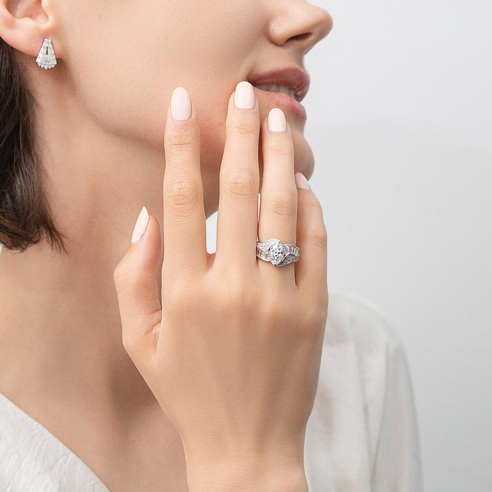 Model wearing Halo Woven Art Deco Marquise CZ Ring in Sterling Silver, 2 of 9