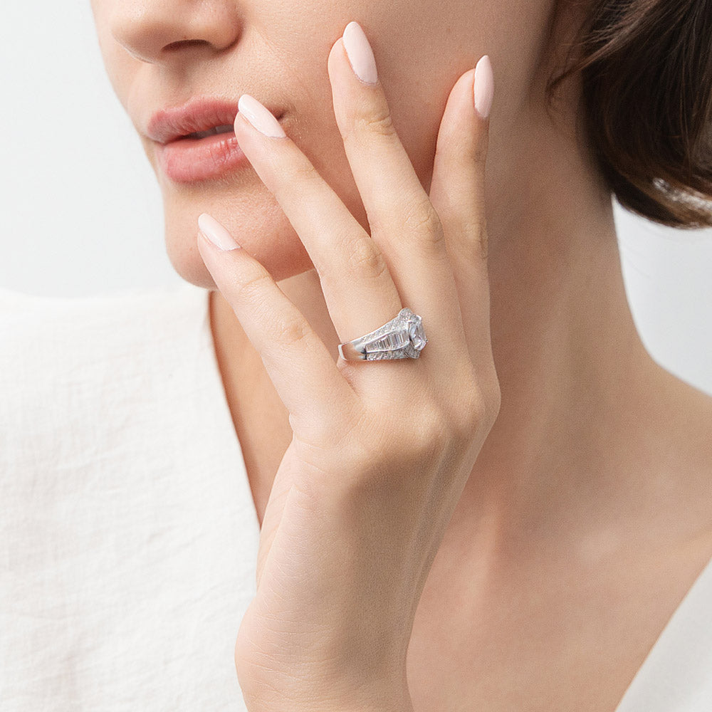 Model wearing Halo Woven Art Deco Oval CZ Ring in Sterling Silver, 3 of 8