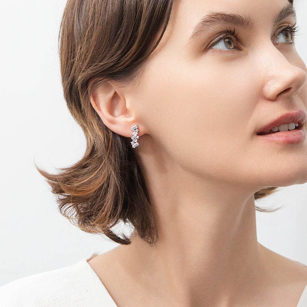 Model wearing Cluster Bar CZ Stud Earrings in Sterling Silver, 3 of 4