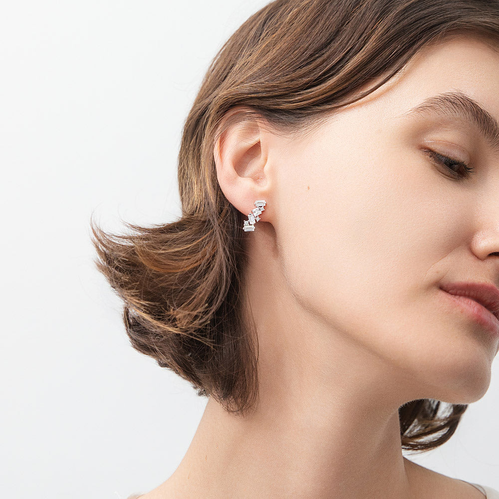 Model wearing Cluster Bar CZ Stud Earrings in Sterling Silver, 2 of 4