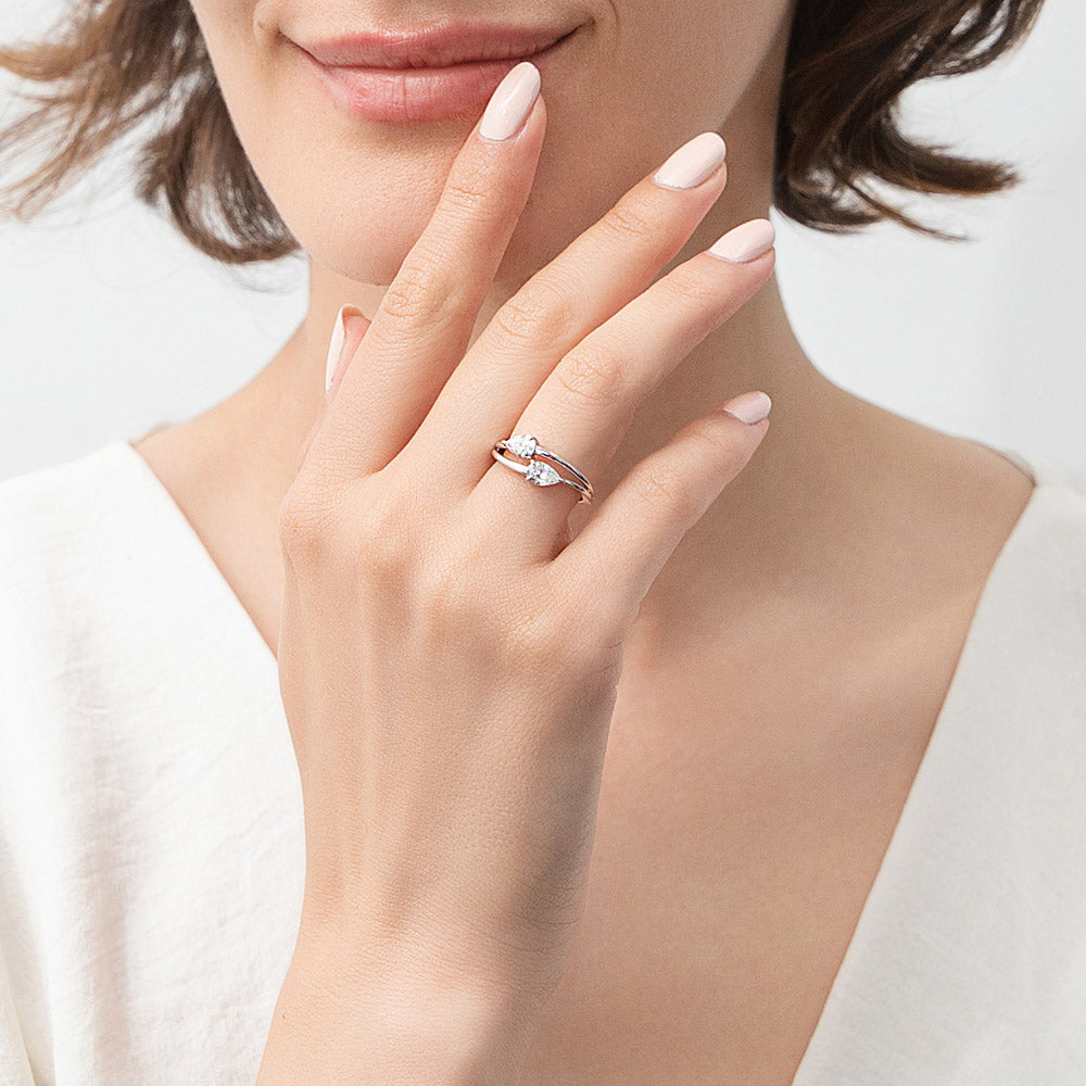 Model wearing 2-Stone CZ Split Shank Ring in Sterling Silver, 2 of 8