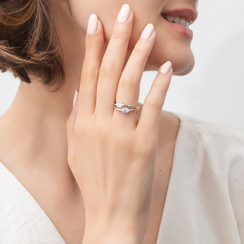 Model wearing Bypass 2-Stone CZ Split Shank Ring in Sterling Silver, 6 of 8