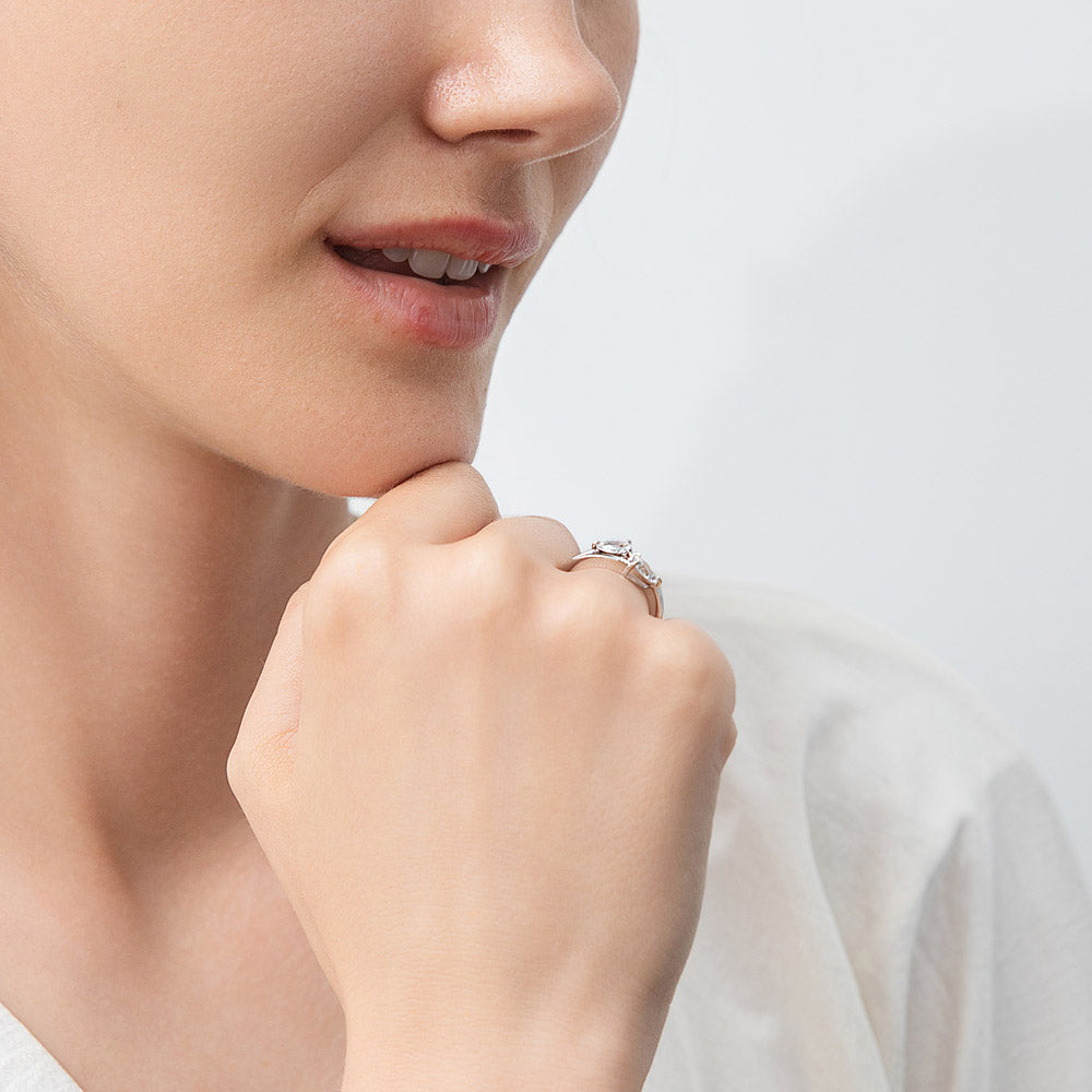 Model wearing 2-Stone CZ Split Shank Ring in Sterling Silver, 3 of 8