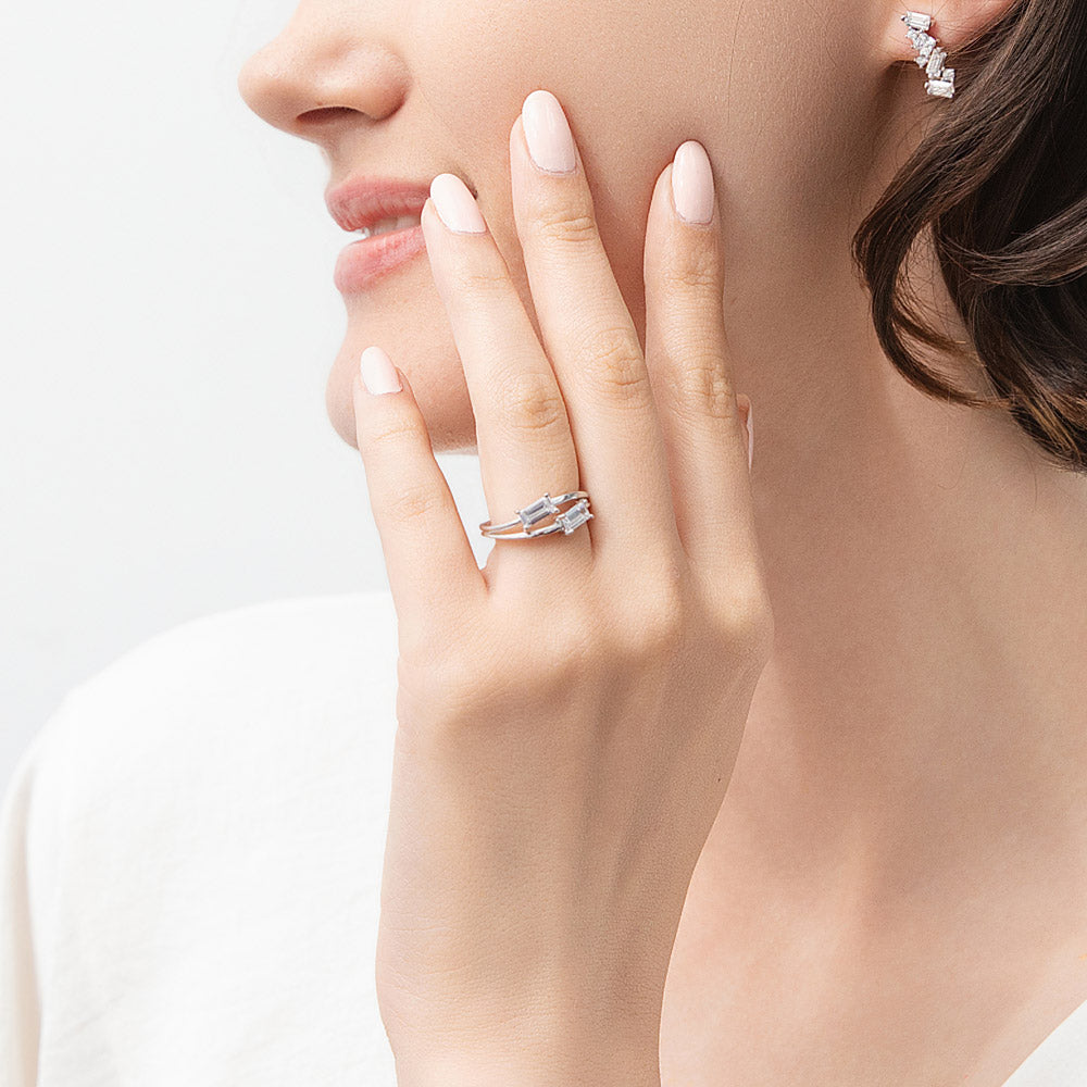 Model wearing Bypass 2-Stone CZ Split Shank Ring in Sterling Silver, 2 of 8