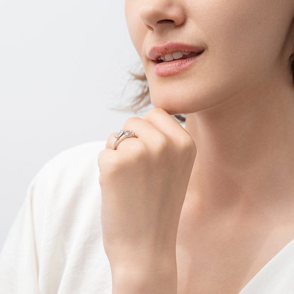 Model wearing Bypass 2-Stone CZ Split Shank Ring in Sterling Silver, 6 of 8
