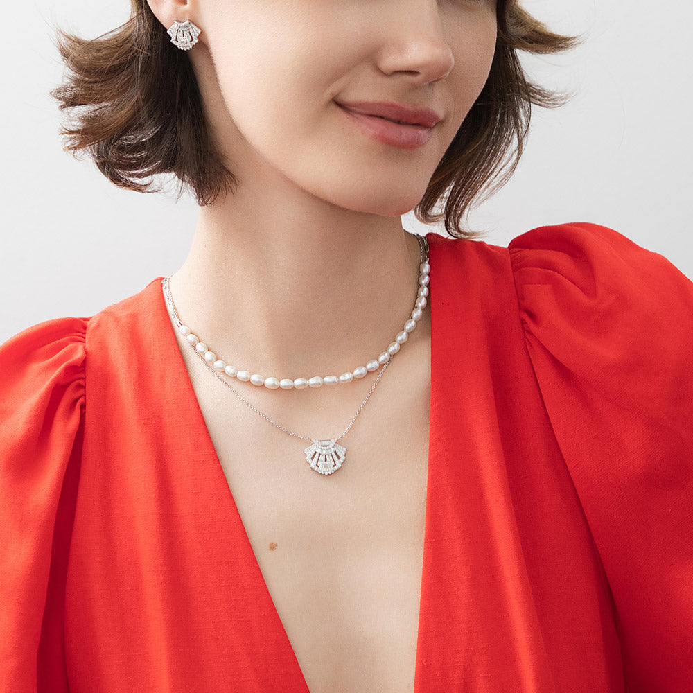 Model wearing Art Deco CZ Pendant Necklace in Sterling Silver, 6 of 6