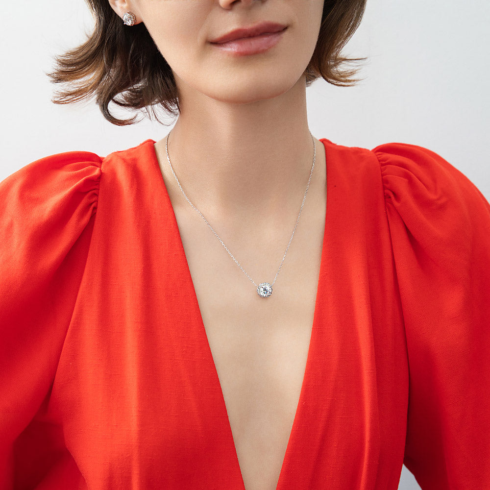 Model wearing Flower Halo CZ Necklace and Earrings Set in Sterling Silver, 6 of 14