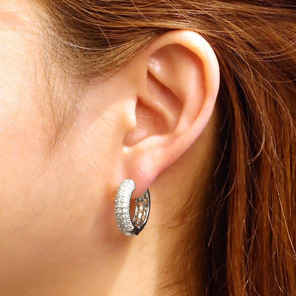 Model wearing Dome CZ Small Hoop Earrings 0.8 inch, Silver-Tone