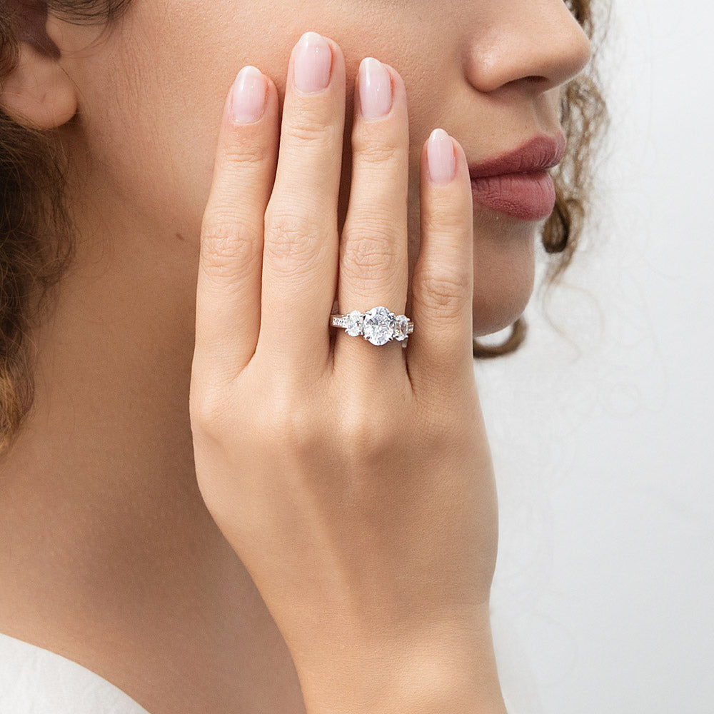 Model wearing 3-Stone 1.8ct Oval CZ Ring in Sterling Silver, 2 of 8