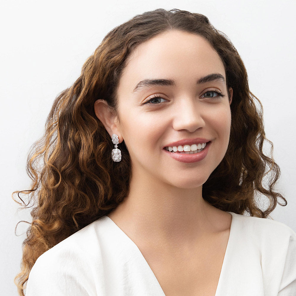 Model wearing Halo Cushion CZ Chandelier Earrings in Sterling Silver, 5 of 8