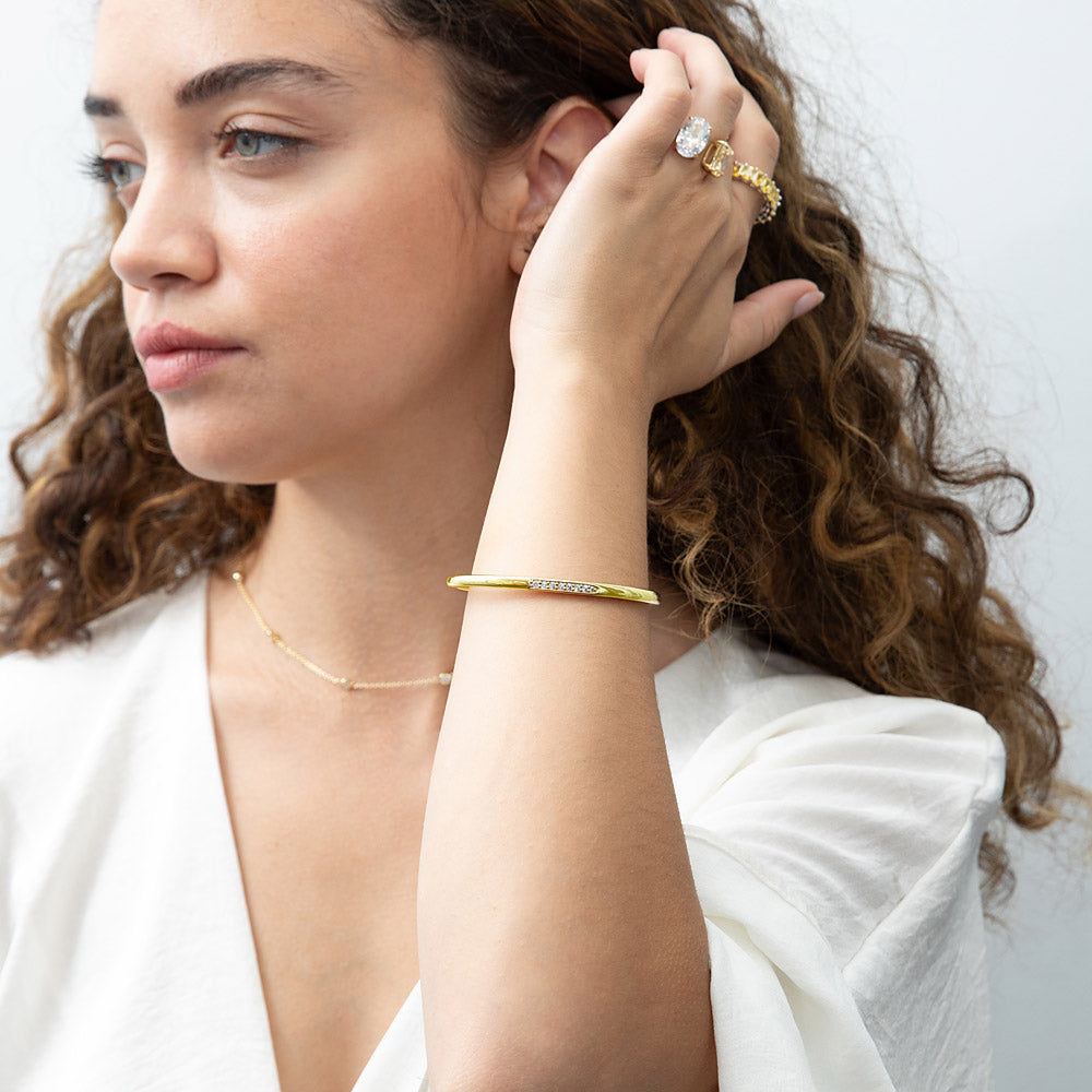 Model wearing CZ Cuff in Sterling Silver, Yellow Gold Flashed