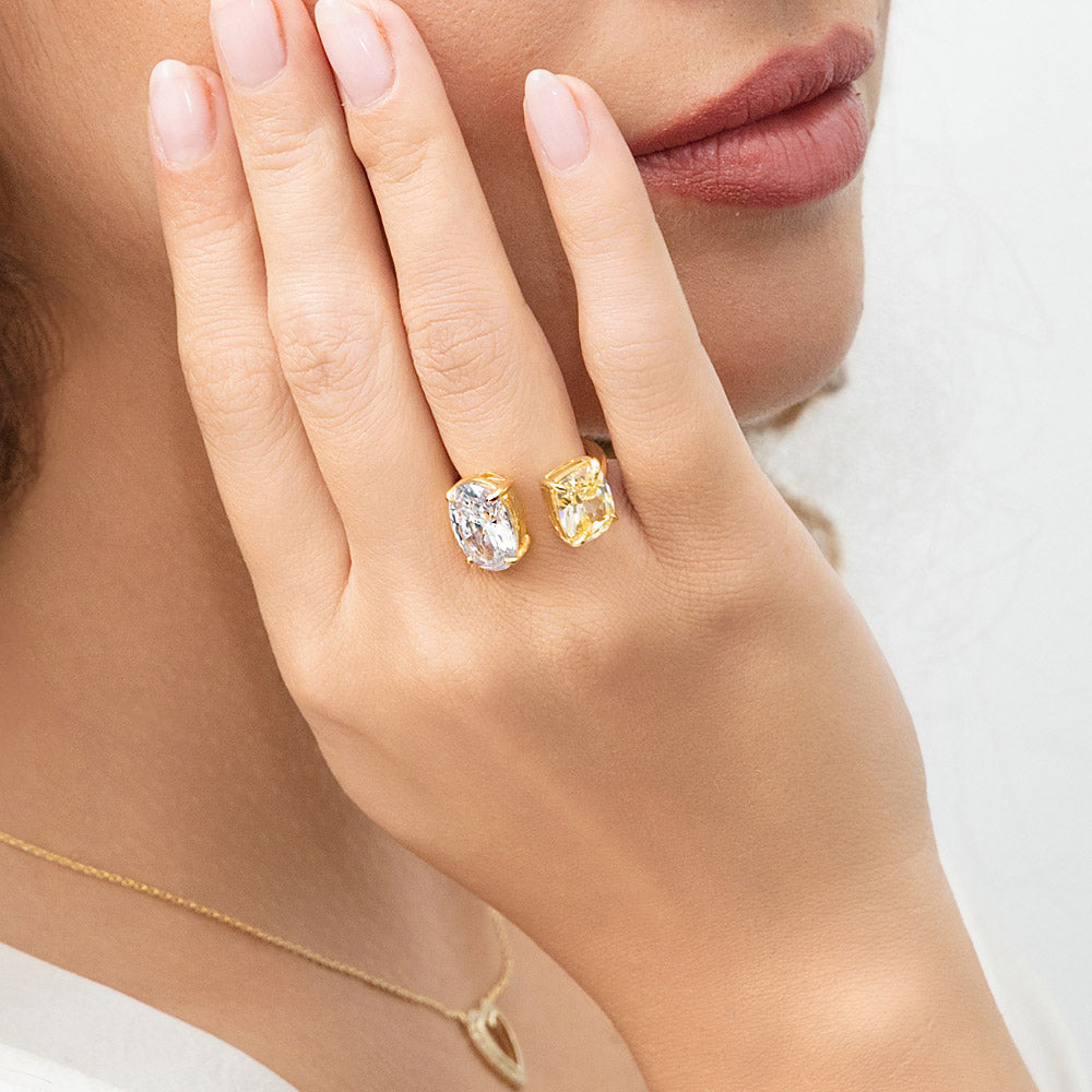 Model wearing Toi et Moi 2-Stone CZ Ring in Gold Flashed Sterling Silver, 2 of 9