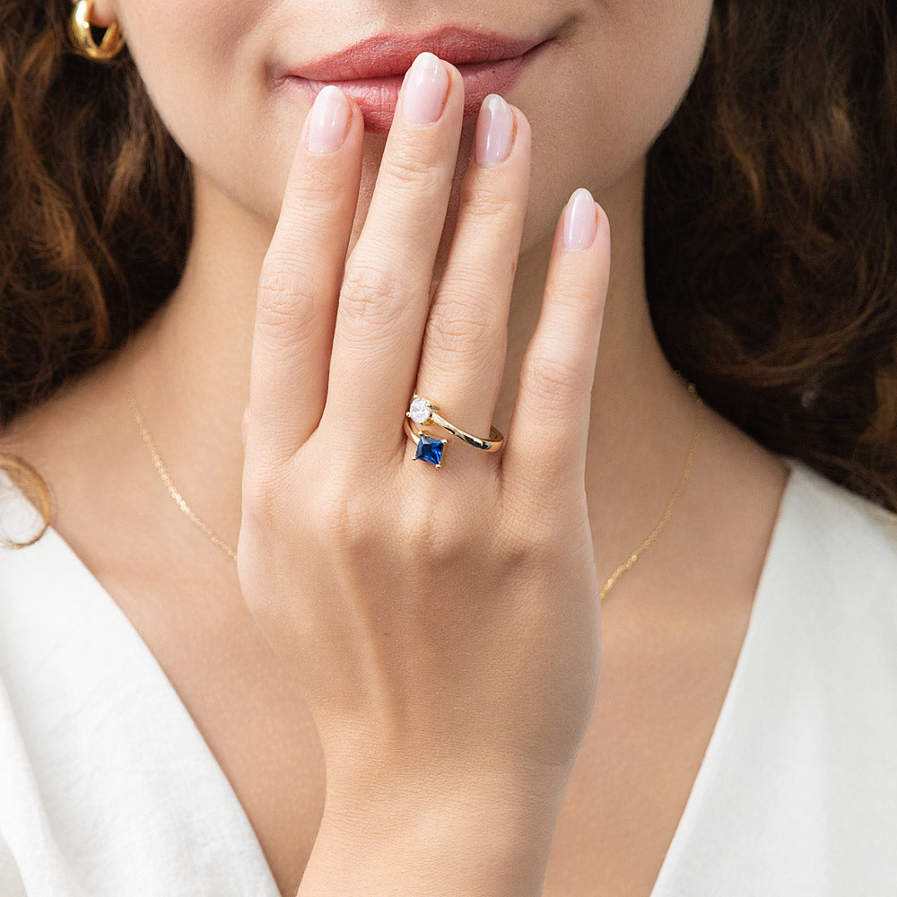 Bypass Blue CZ Ring in Gold Flashed Sterling Silver