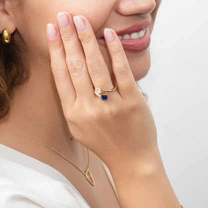 Bypass Blue CZ Ring in Gold Flashed Sterling Silver