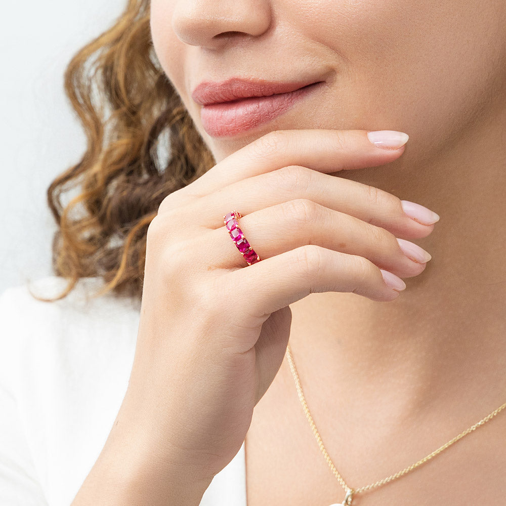 Model wearing Red Pave CZ Eternity Ring in Rose Gold Flashed Sterling Silver, 2 of 7