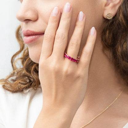 Red Pave CZ Eternity Ring in Rose Gold Flashed Sterling Silver