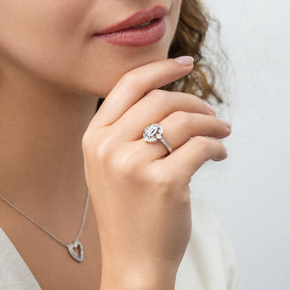 Halo Art Deco Emerald Cut CZ Ring in Sterling Silver