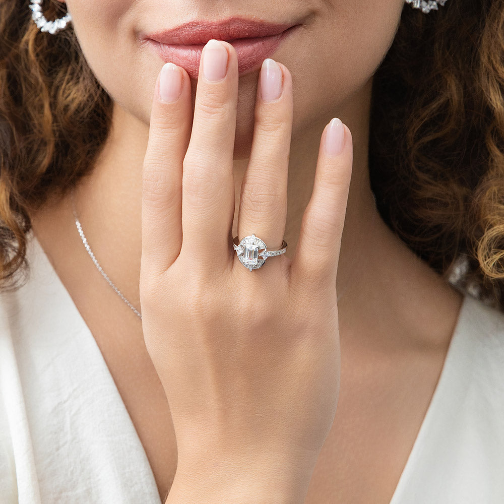 Model wearing Halo Art Deco Emerald Cut CZ Ring in Sterling Silver, 2 of 10