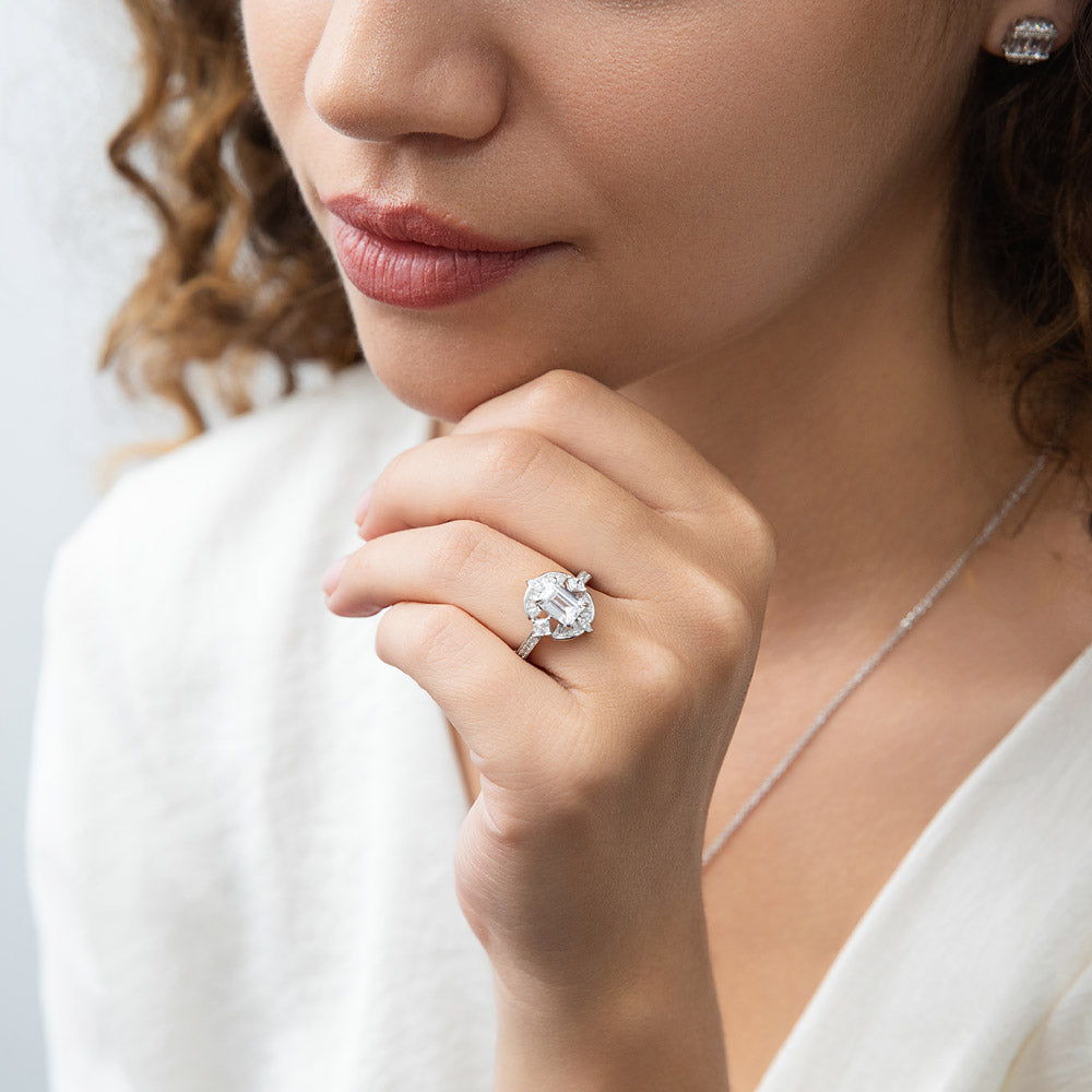 Model wearing Halo Art Deco Emerald Cut CZ Ring in Sterling Silver, 9 of 10