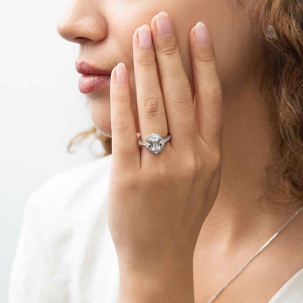 Model wearing Halo Art Deco Emerald Cut CZ Ring in Sterling Silver, 7 of 10