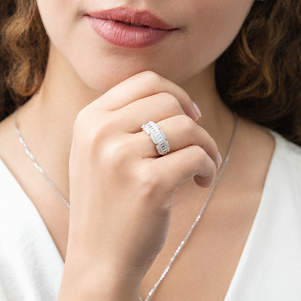 Model wearing Art Deco CZ Band Ring in Sterling Silver, 7 of 10