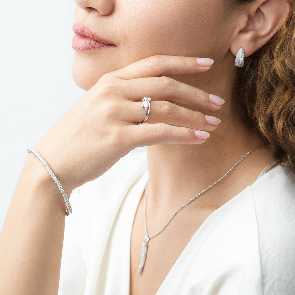 Model wearing Flexible CZ Bangle Set in Sterling Silver, 14 of 20