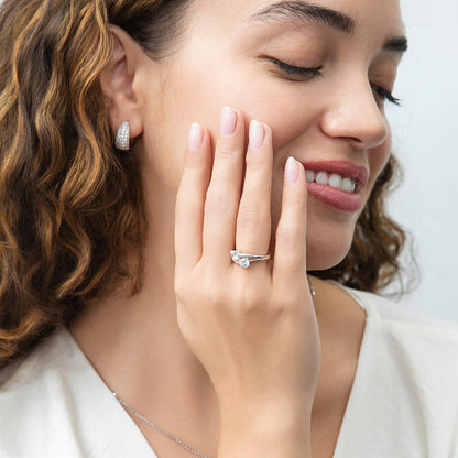 Model Wearing 2-Stone Split Shank Ring, Dome Hoop Huggie Earrings