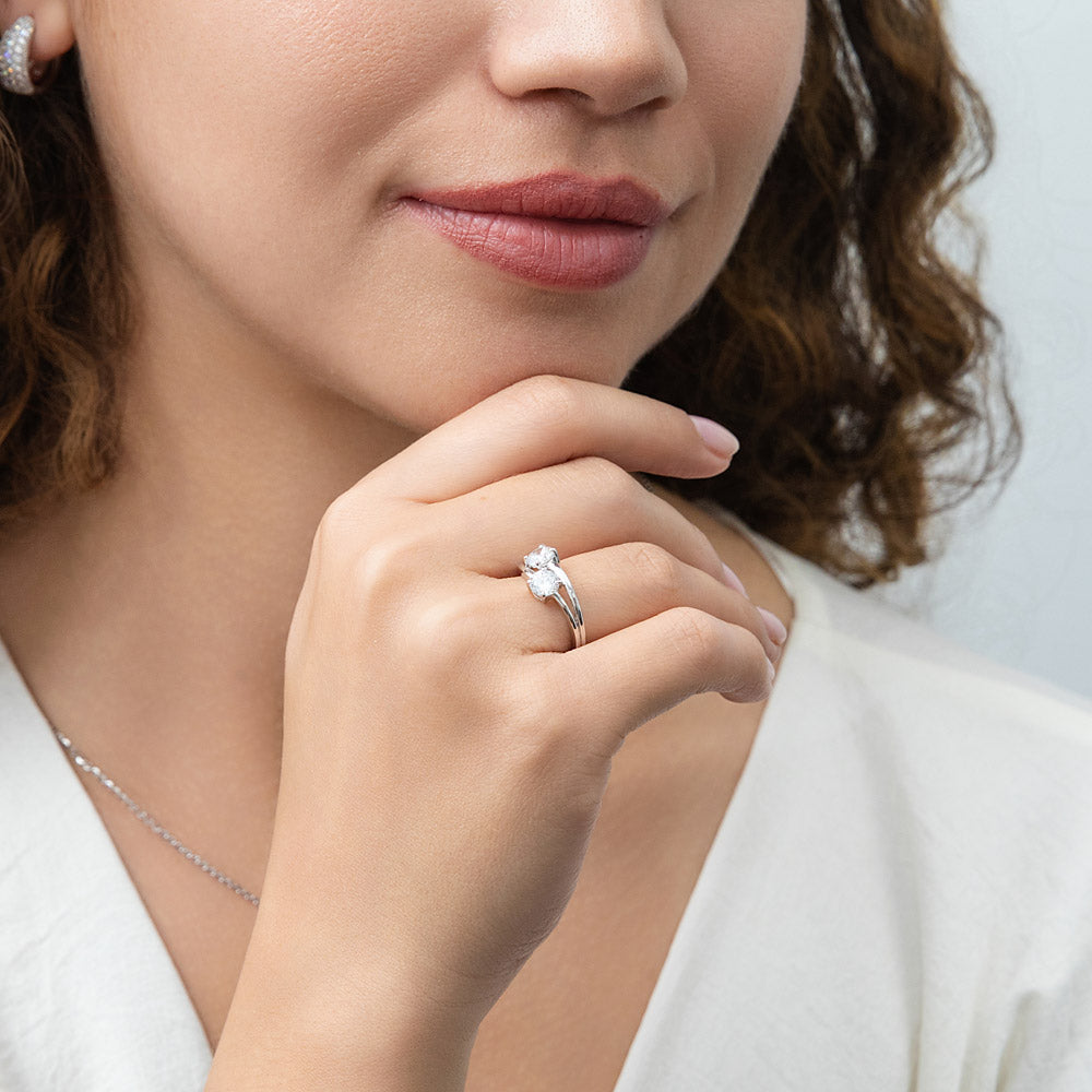 Model wearing Bypass 2-Stone CZ Split Shank Ring in Sterling Silver, 3 of 10