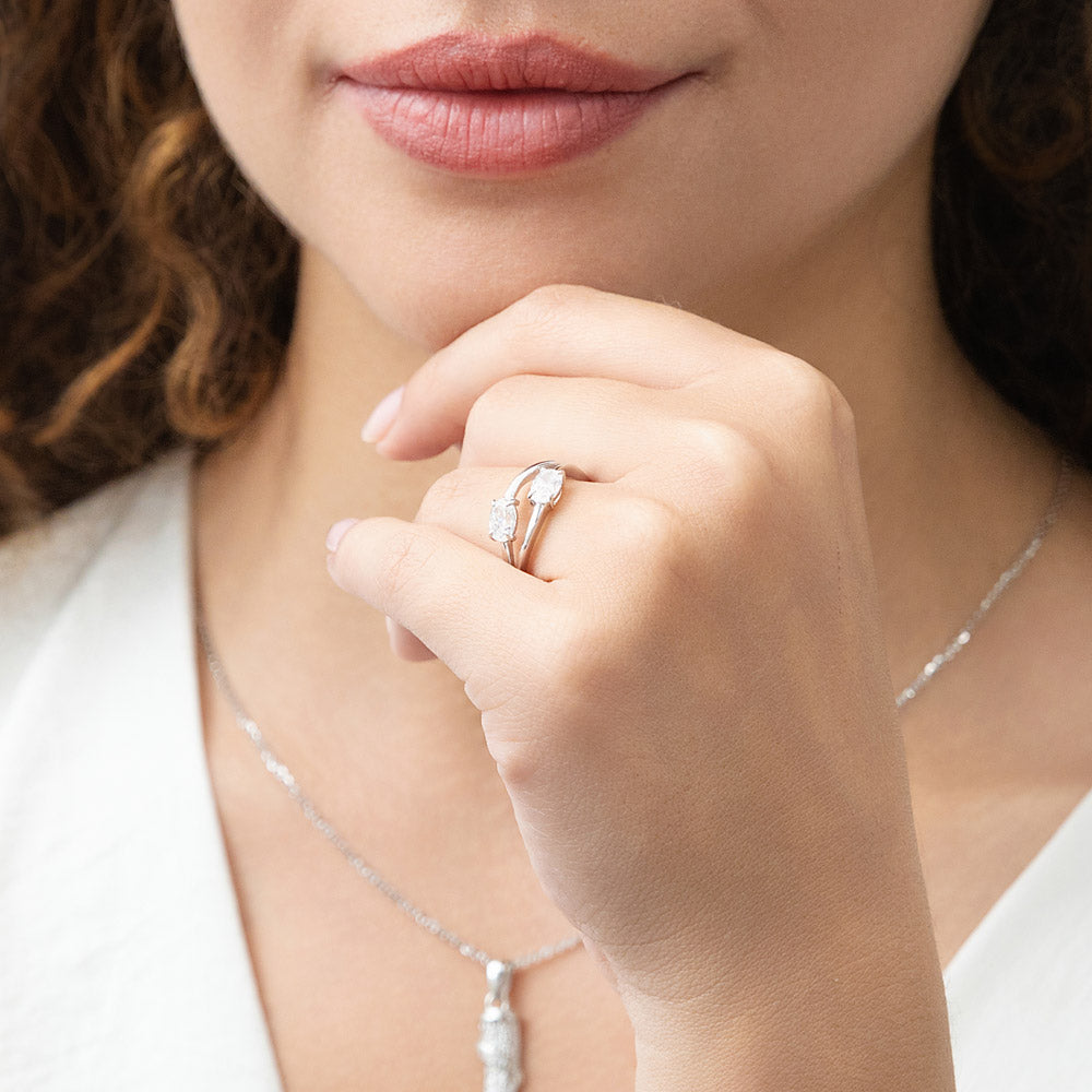 Model wearing Bypass 2-Stone CZ Split Shank Ring in Sterling Silver, 10 of 11