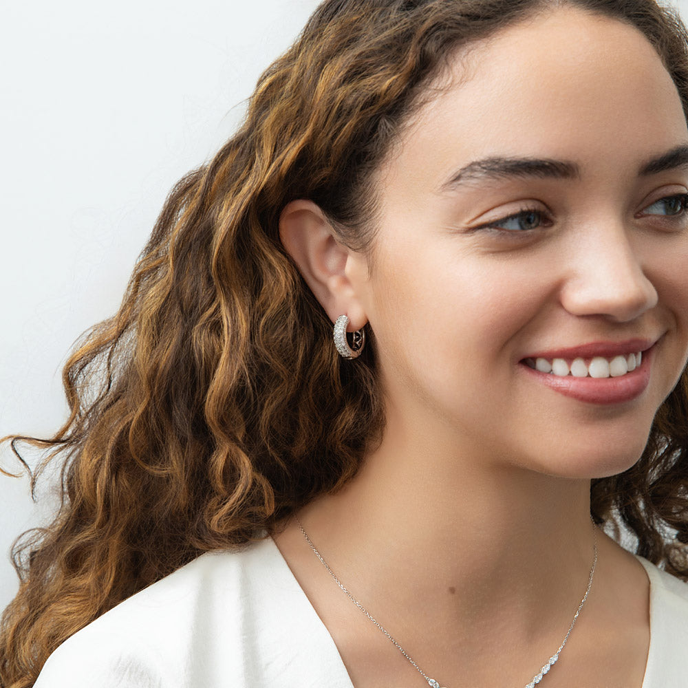 Model wearing Dome CZ Small Hoop Earrings 0.8 inch, Gold-Tone