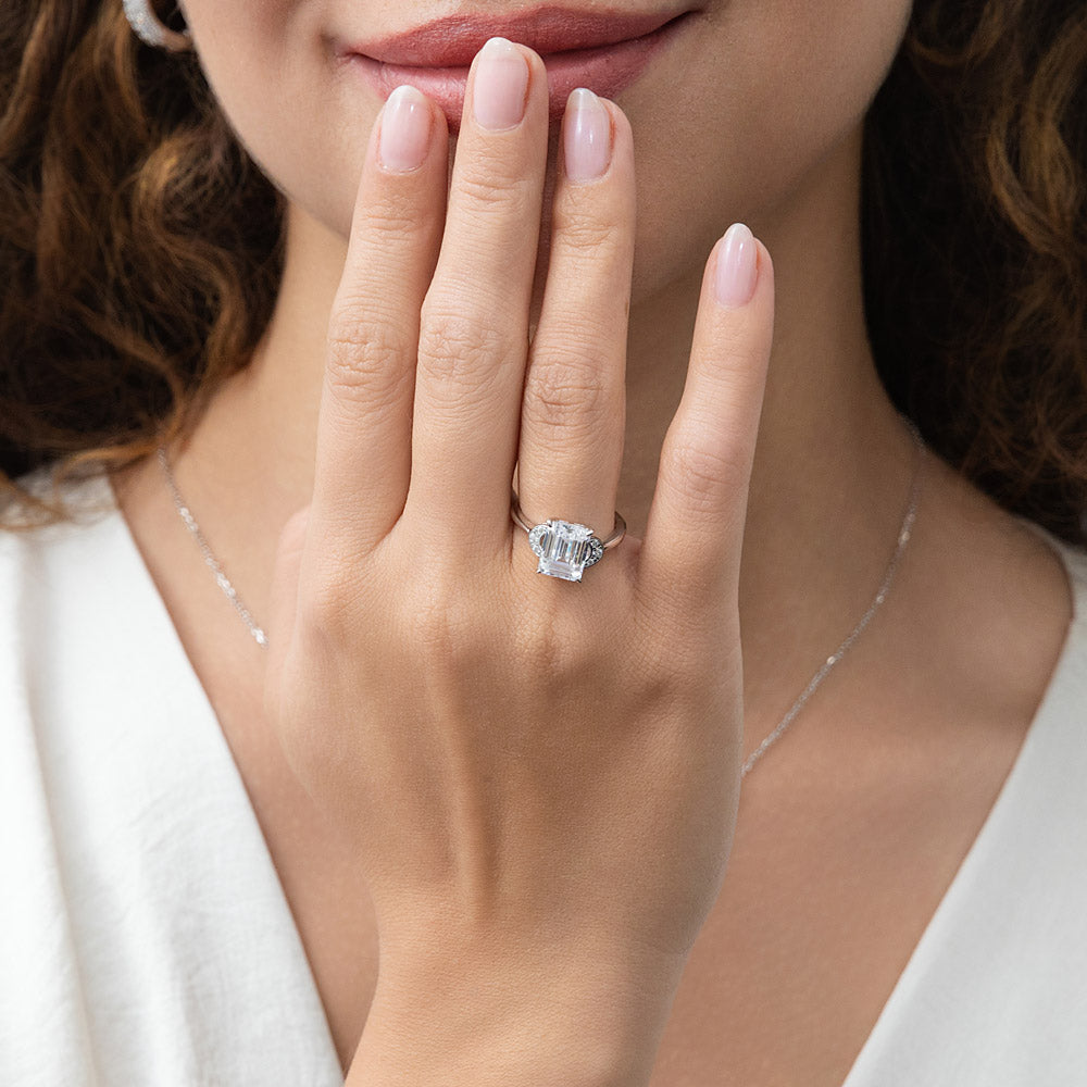 Model wearing Crescent Moon Solitaire 2.6ct CZ Ring in Sterling Silver, 2 of 8