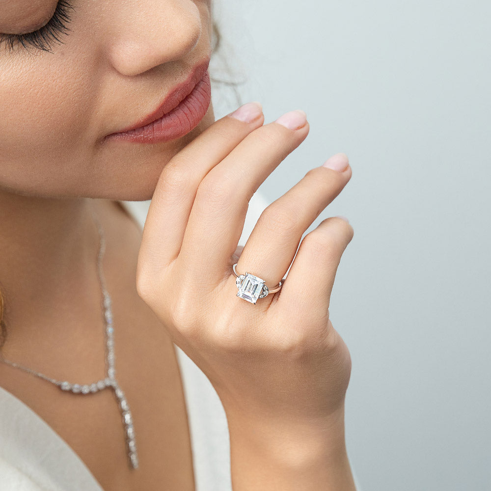 Model wearing Crescent Moon Solitaire 2.6ct CZ Ring in Sterling Silver, 6 of 8