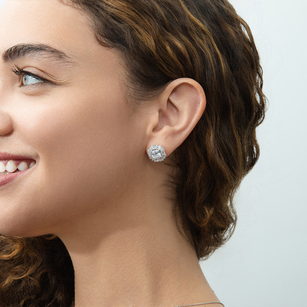 Model wearing Art Deco Halo CZ Stud Earrings in Sterling Silver, 2 of 6