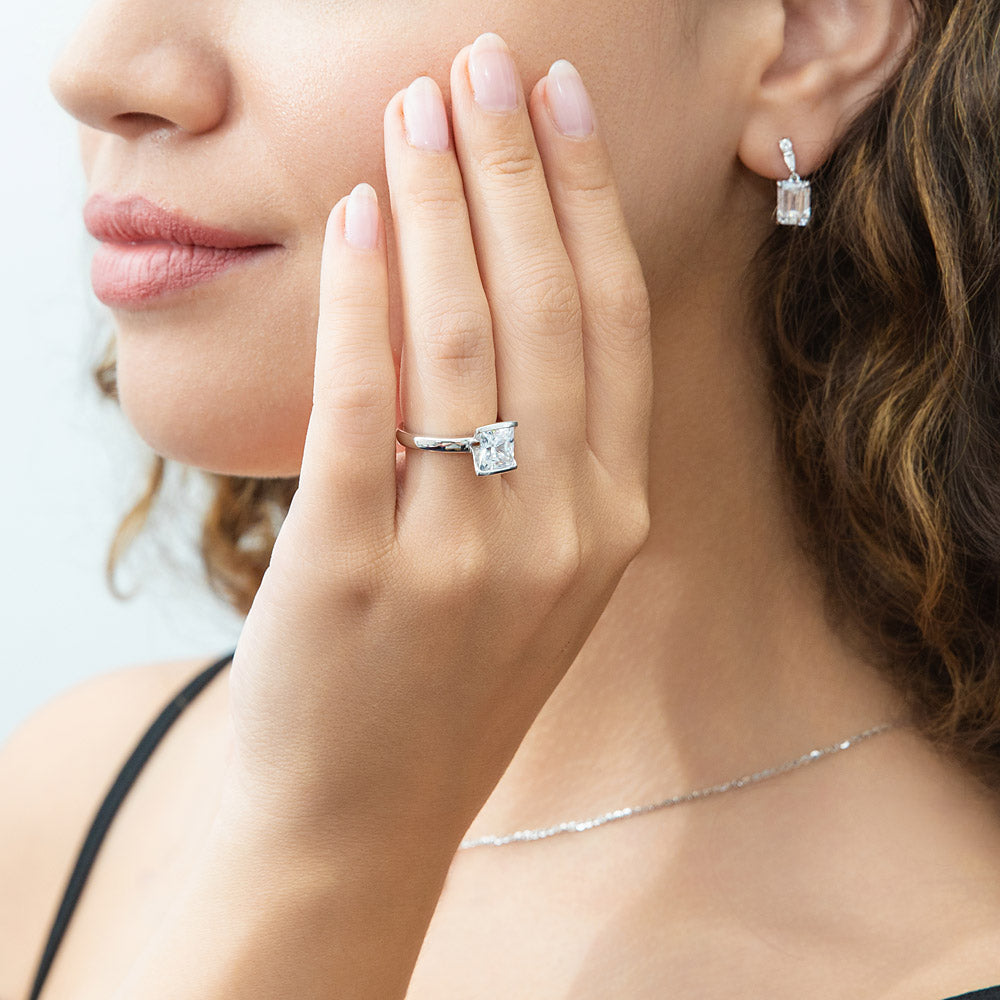 Solitaire 2ct Bezel Princess CZ Ring in Sterling Silver