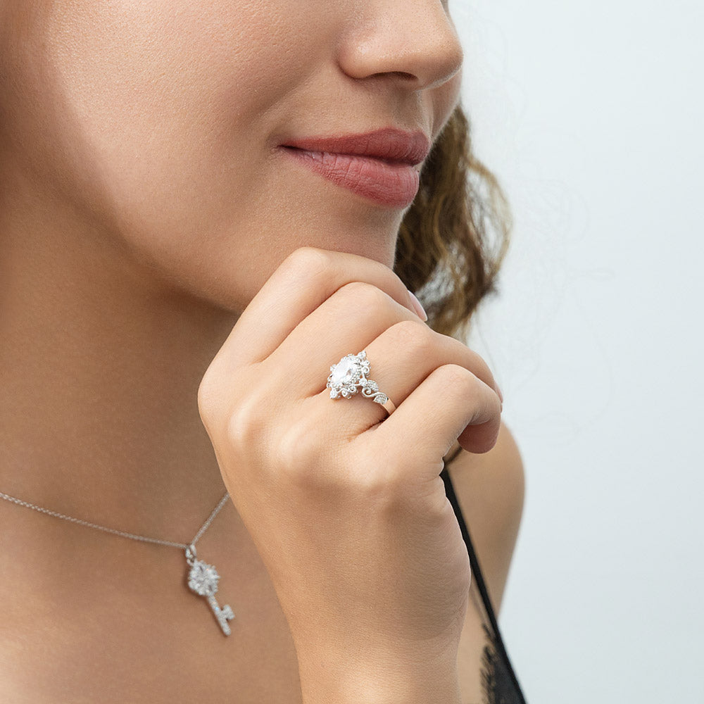 Model wearing Filigree CZ Ring in Sterling Silver, 3 of 9