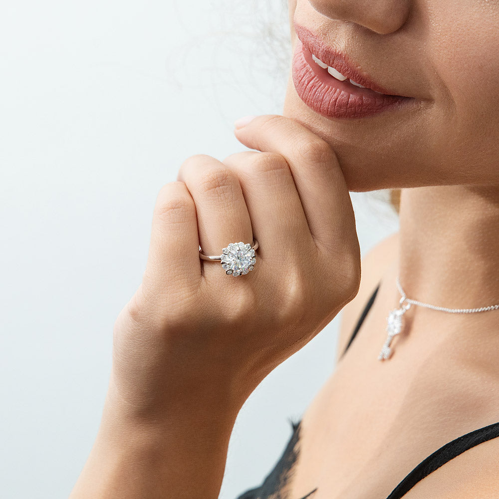Model wearing Halo CZ Ring in Sterling Silver, 6 of 10